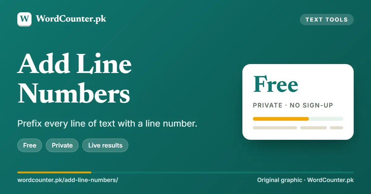 Add Line Numbers: Prefix every line of text with a line number. (WordCounter.pk cover graphic)