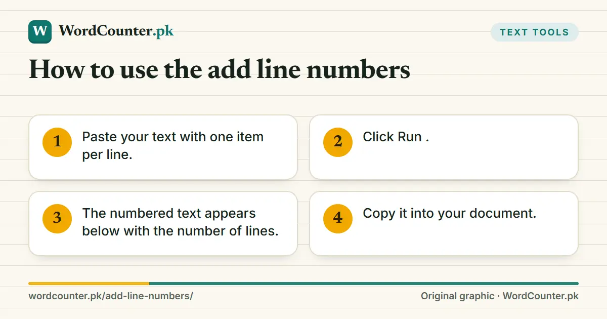 How to use the add line numbers: Paste your text with one item per line.; Click Run .; The numbered text appears below with the…