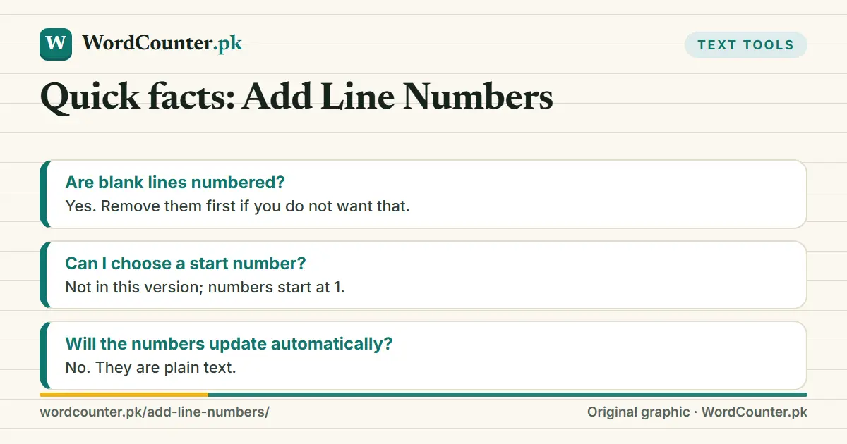 Quick facts: Add Line Numbers: Are blank lines numbered?; Can I choose a start number?; Will the numbers update automatically?