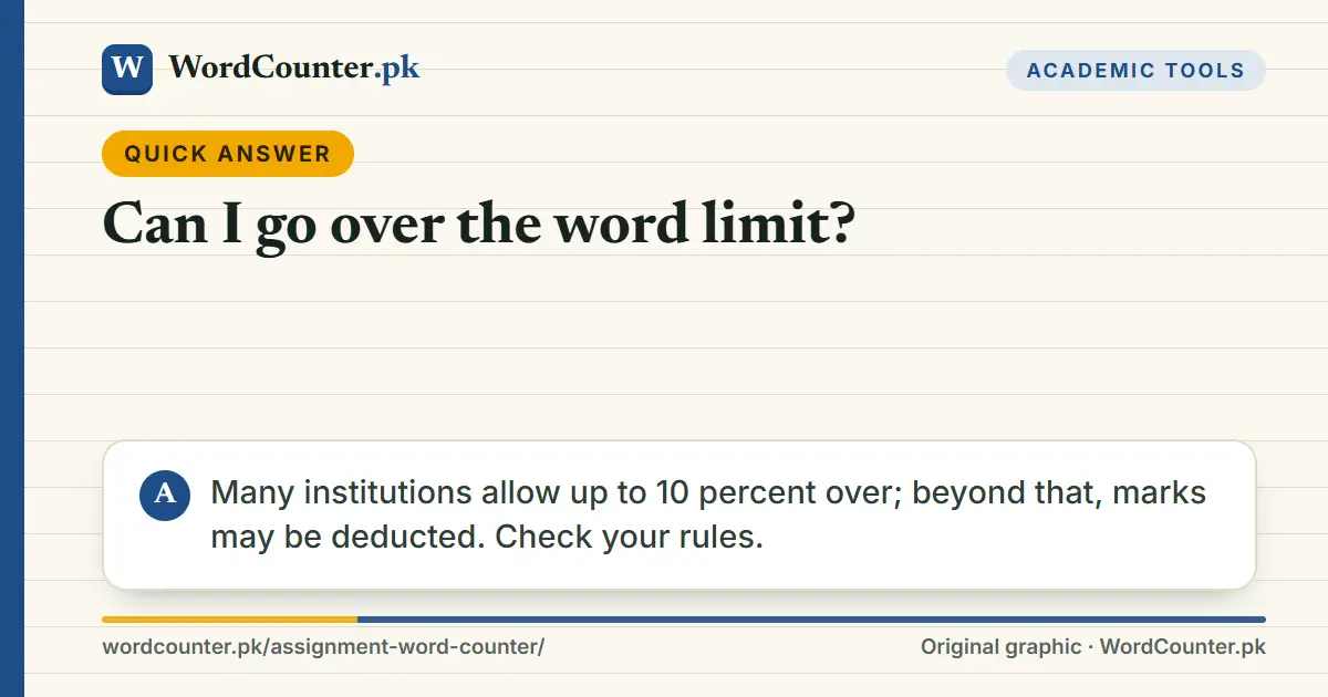 Quick answer card: Can I go over the word limit? Many institutions allow up to 10 percent over; beyond that, marks may be deducted. Check…